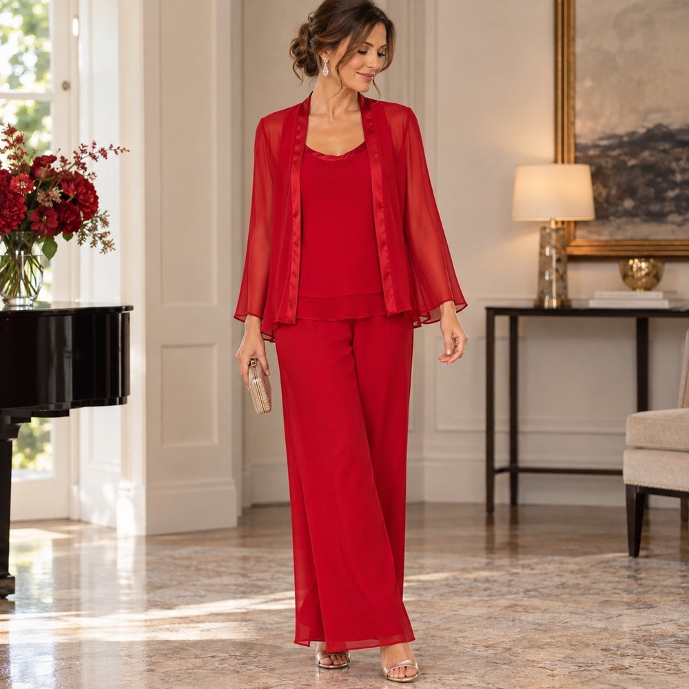 Vintage R&M Richards Petite Sz 10P Red 3 Piece Chiffon Pant Set Jacket Top READ
